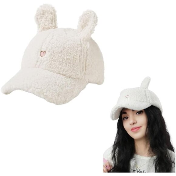 Women White Winter Wool Cat Rabbit Ears Soft Beanie Slouchy Baseball Cap - Picture 1 of 5